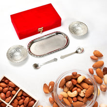 2947A Silver Plated 2 Bowl 2 Spoon Tray Set Brass with Red Velvet Gift Box Serving Dry Fruits Desserts Gift, Bartan DeoDap